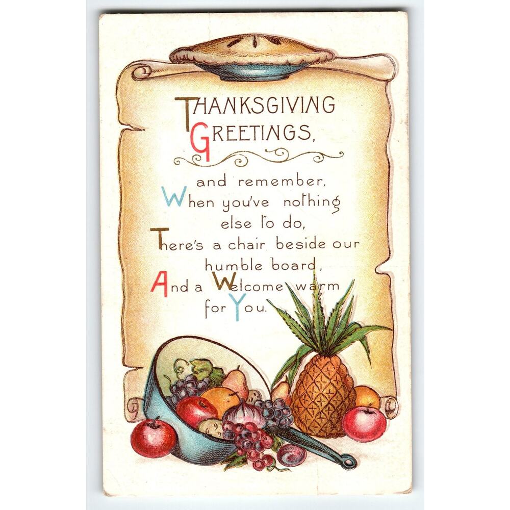 Vintage Thanksgiving Greetings Postcard with Fruit Basket & Pie